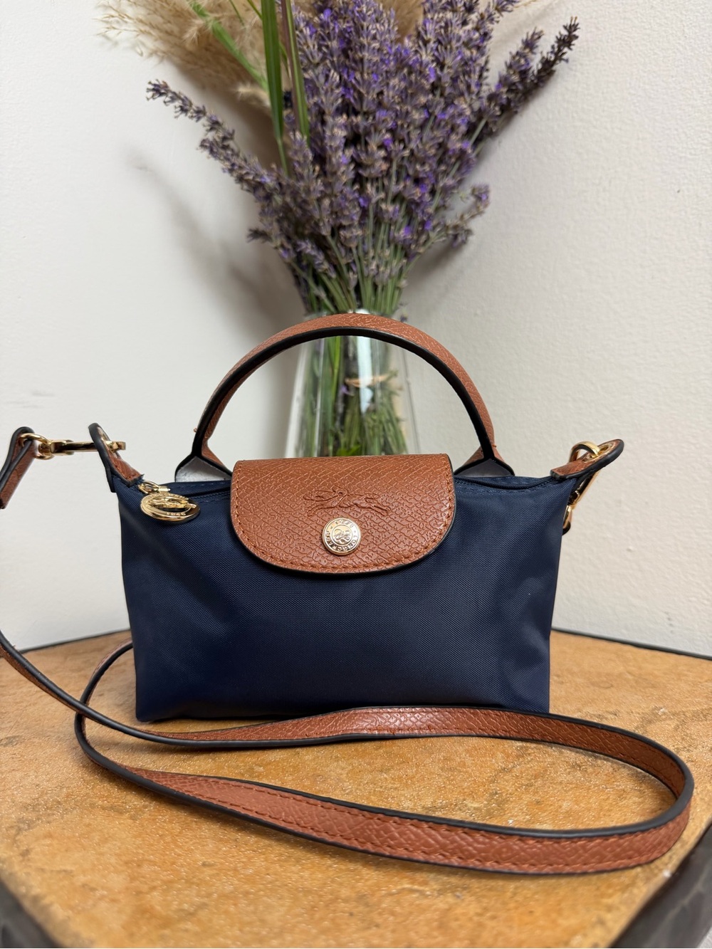 Longchamp Navy Nylon Crossbody with Tan Leather Trim